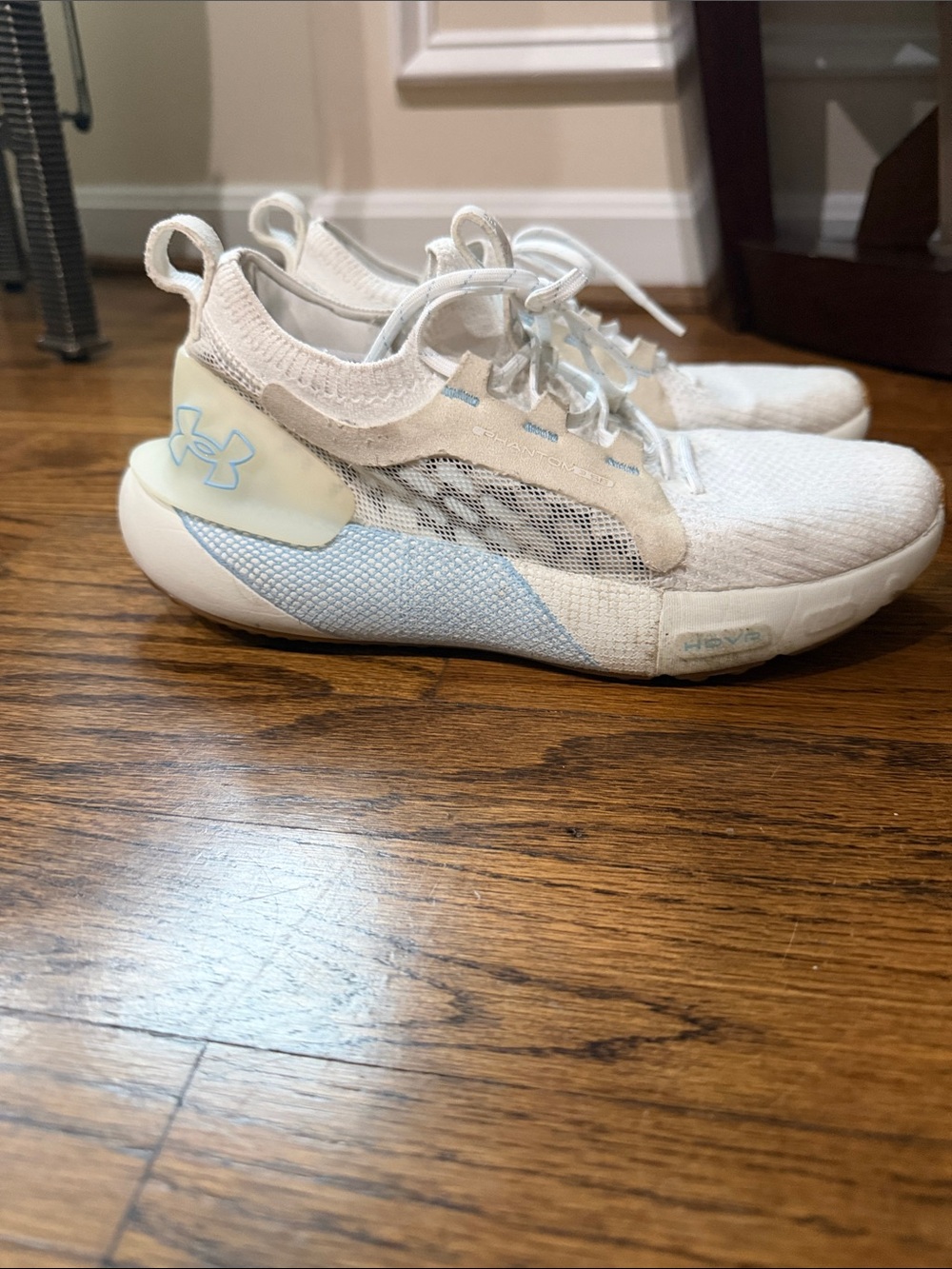 Under Armour  White and Light Blue Slip-On Athletic Sneakers